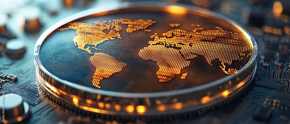 Poster a detailed silicon wafer with an embedded glowing map of the world, showcasing the complexity of glo