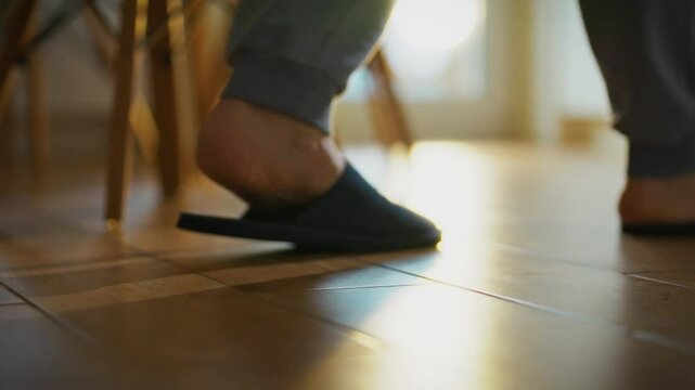 A person wearing gray sweatpants and dark slippers walks across a wooden floor, illuminated by soft morning light. The warm atmosphere highlights a cozy home environment