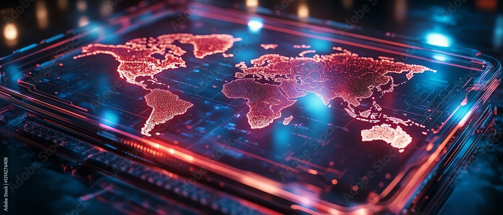 Poster a detailed silicon wafer with an embedded glowing map of the world, showcasing the complexity of glo
