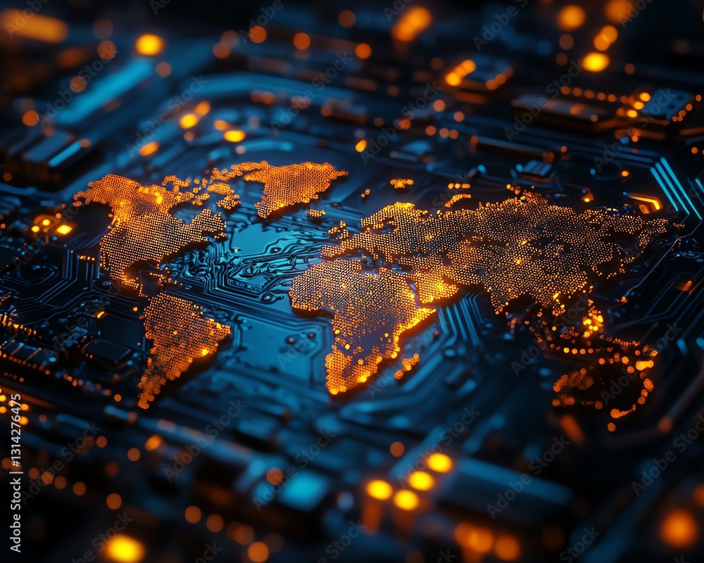 Poster a detailed silicon wafer with an embedded glowing map of the world, showcasing the complexity of glo