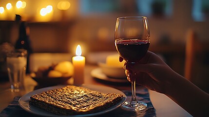 Obraz premium Woman's hand holding a glass of red wine at a candlelit Seder dinner with matzah.