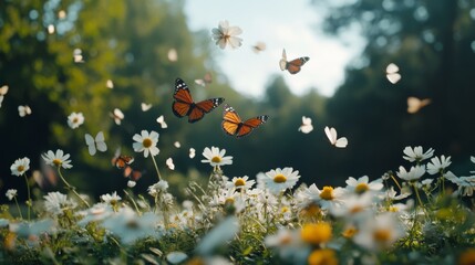 Vibrant butterflies dance above a meadow of daisies under a clear blue sky, capturing the essence of springtime joy and freedom.