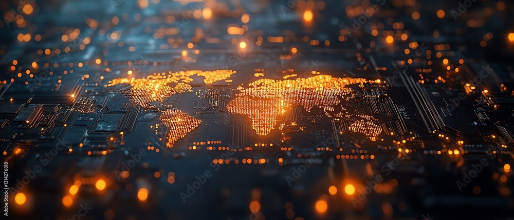 Poster a futuristic microchip with a glowing global map etched onto its surface
