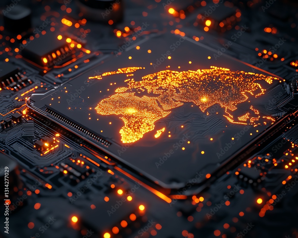 Aufkleber a futuristic microchip with a glowing global map etched onto its surface