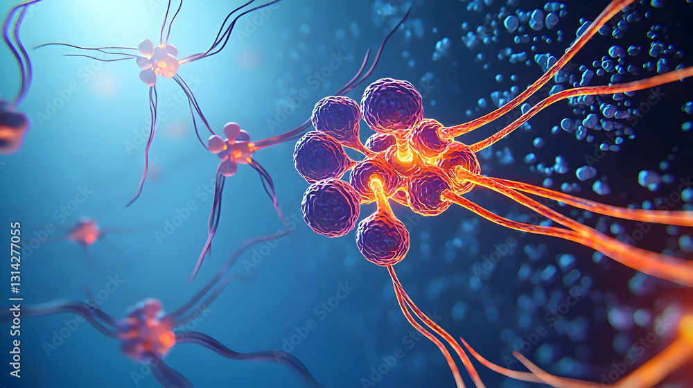 Poster pixelated neurons firing synaptic signals across a microscopic neural network with blue and pink hue