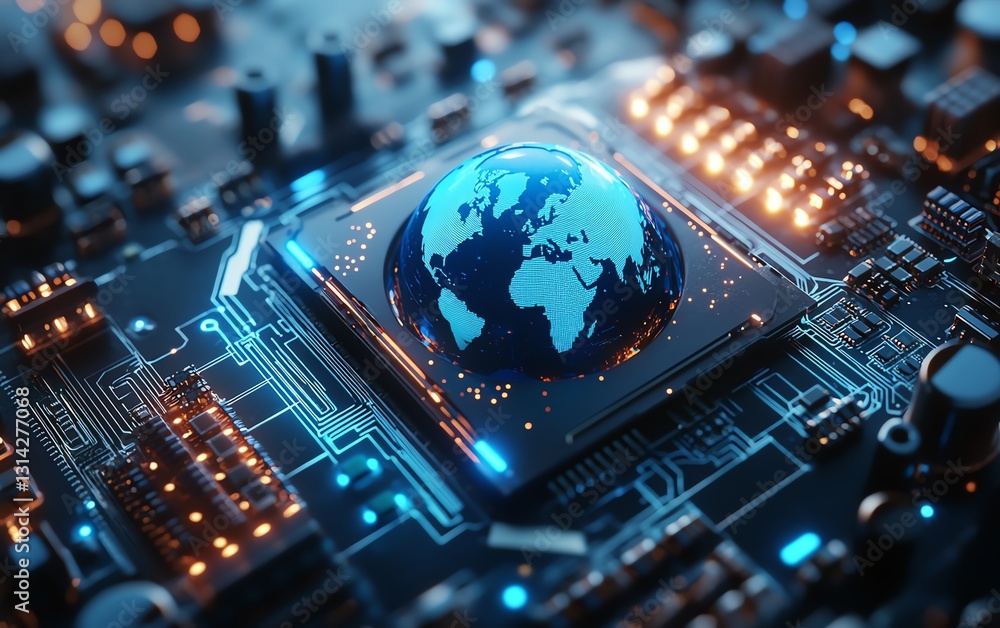 Poster a futuristic processor chip with a digital earth embedded, symbolizing global semiconductor supply c