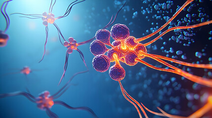 Fototapeta premium Pixelated Neurons Firing Synaptic Signals Across a Microscopic Neural Network with Blue and Pink Hues Depicting a Complex Biological Process within