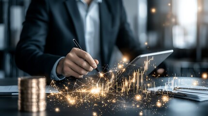 Business executive analyzing data trends in modern office digital illustration professional environment