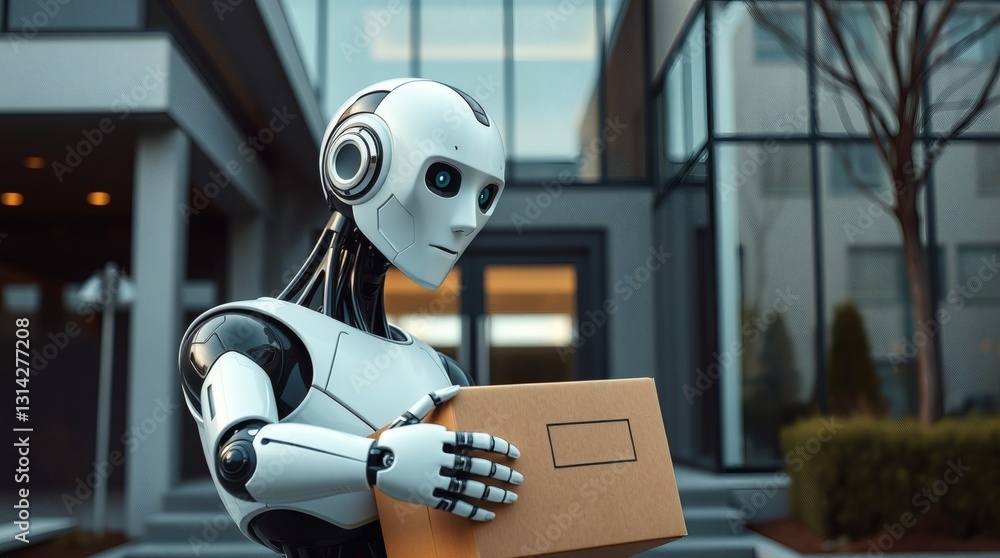 Poster a robot delivering a package in front of modern house. the robot is holding a brown package, with a 