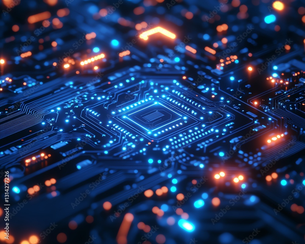 Poster a glowing blue circuit board with interconnected pathways, showcasing the complexity of modern techn