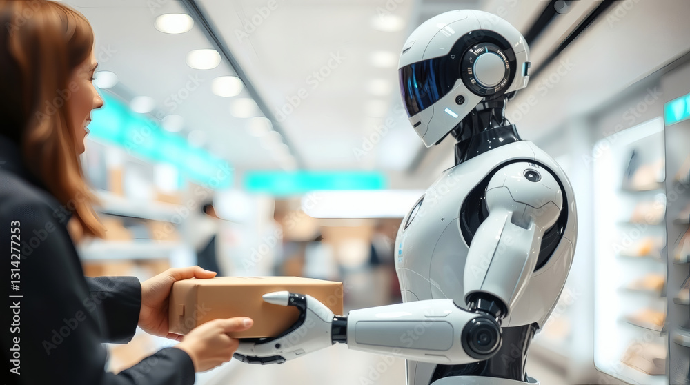 Poster a robot handing a package to a person in a modern store, symbolizing automated services