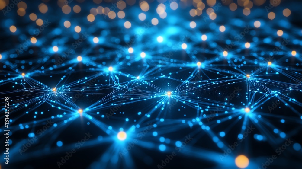 Poster a glowing digital network visualized through a blue circuit board with bright interconnected pathway