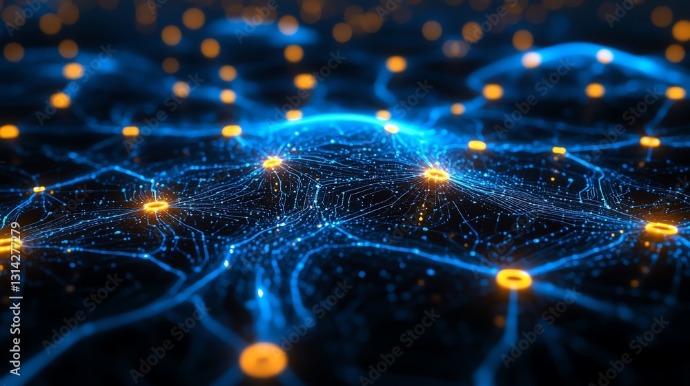 Poster a glowing digital network visualized through a blue circuit board with bright interconnected pathway