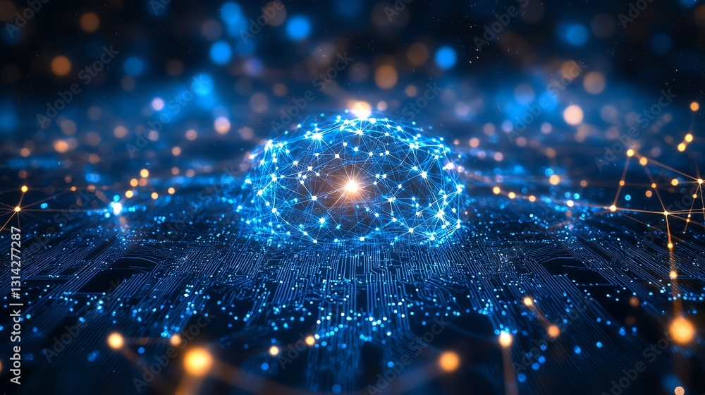 Poster a glowing digital network visualized through a blue circuit board with bright interconnected pathway