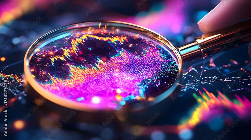 Poster magnifying colorful data analysis with intricate light patterns and interconnected network