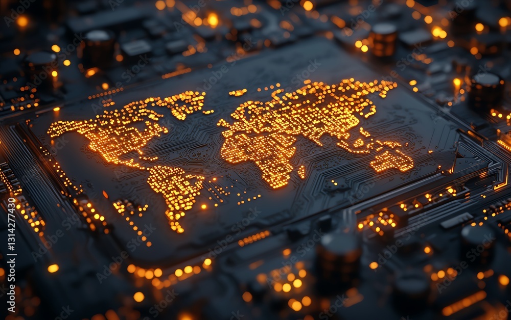 Poster a glowing microprocessor with golden circuits forming a world map, representing the global semicondu