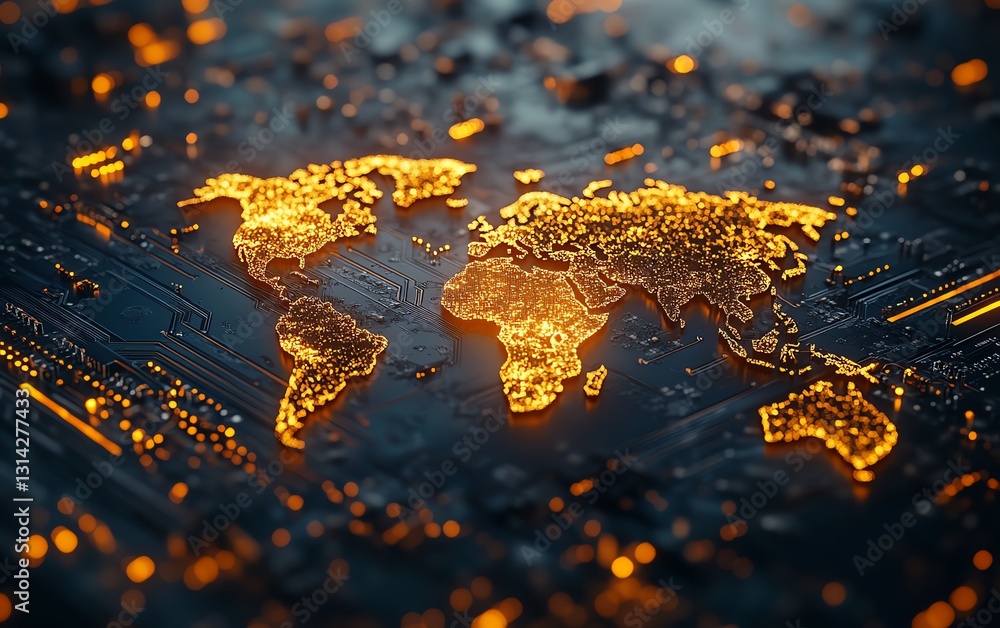 Aufkleber a glowing microprocessor with golden circuits forming a world map, representing the global semicondu