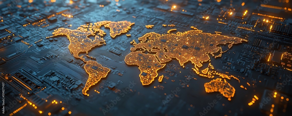 Aufkleber a glowing microprocessor with golden circuits forming a world map, representing the global semicondu