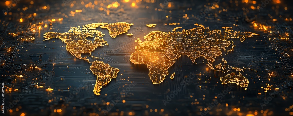 Poster a glowing microprocessor with golden circuits forming a world map, representing the global semicondu
