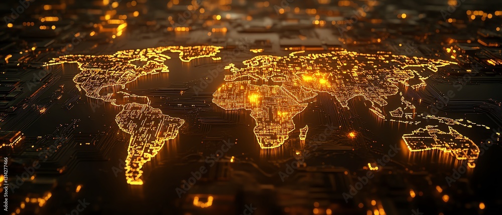 Aufkleber a glowing microprocessor with golden circuits forming a world map, representing the global semicondu
