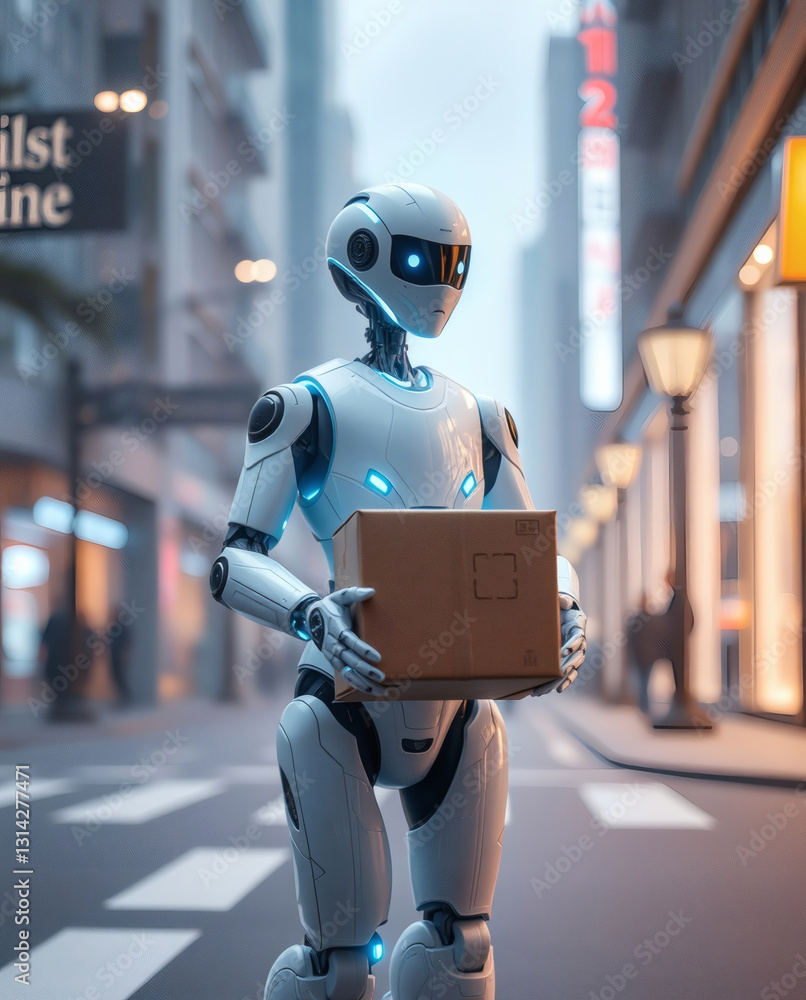 Poster a robot walking down a city street, carrying a package. the robot is futuristic and metallic, and th