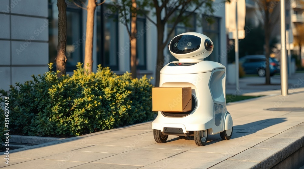 Poster a delivery robot transporting a package down a city street, showcasing modern automation