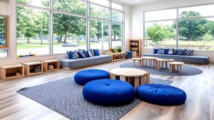 Modern Preschool Playroom Interior Design with Blue Cushions and Natural Wood Furniture near Large