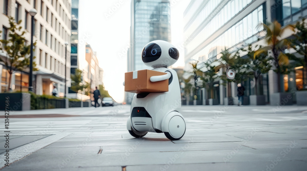 Poster a robot on a scooter transporting a package through a city street