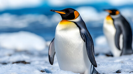 Fototapeta premium Majestic penguins stand proudly on icy terrain, showcasing vibrant plumage