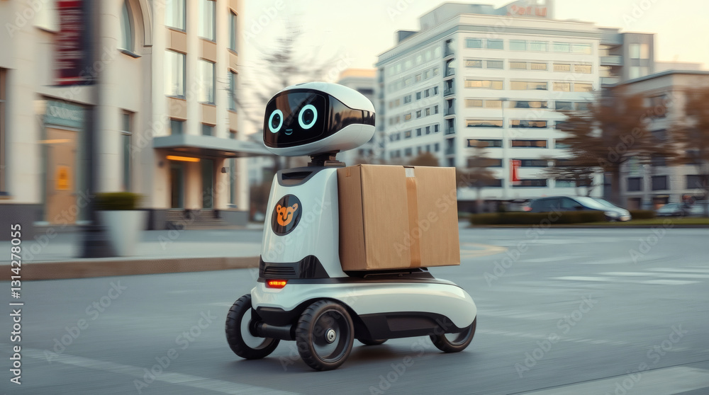 Poster an autonomous delivery robot transporting a package through a city street, with the robot having a futuristic design and carrying a brown cardboard box