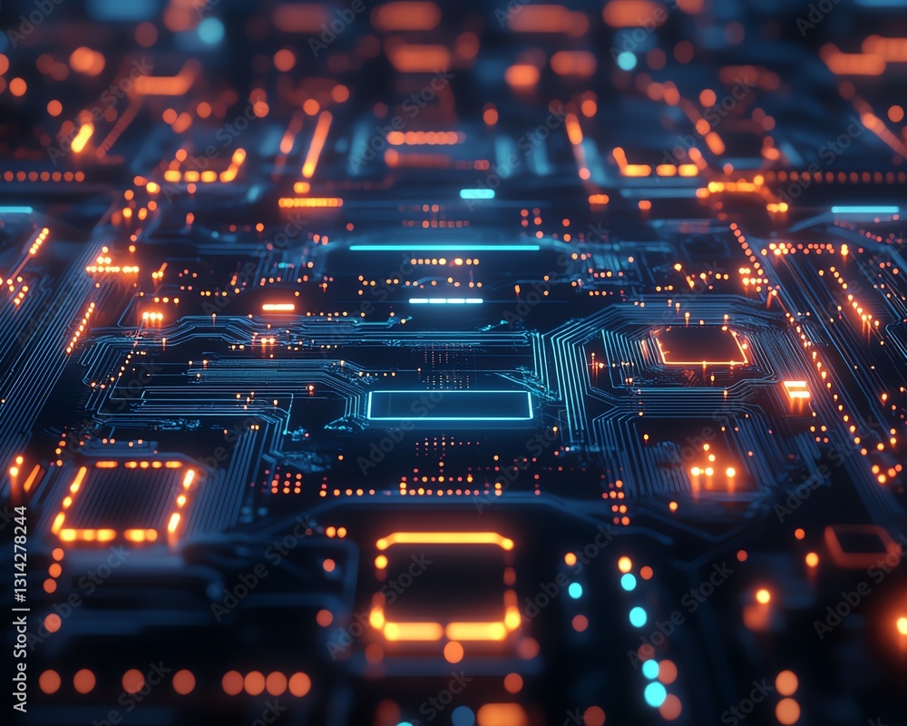Poster a radiant blue circuit board with luminous pathways, symbolizing the flow of data and advanced techn
