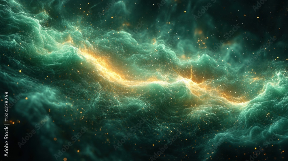 Poster vibrant green energy waves abstract background with glowing fluid forms and dynamic design