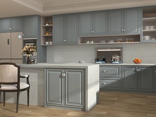 Interior modern farmhouse kitchen and dining room with white countertops bar stools large dining table stainless appliances and view to living room with vaulted ceiling, wooden flooring. 3D Rendering