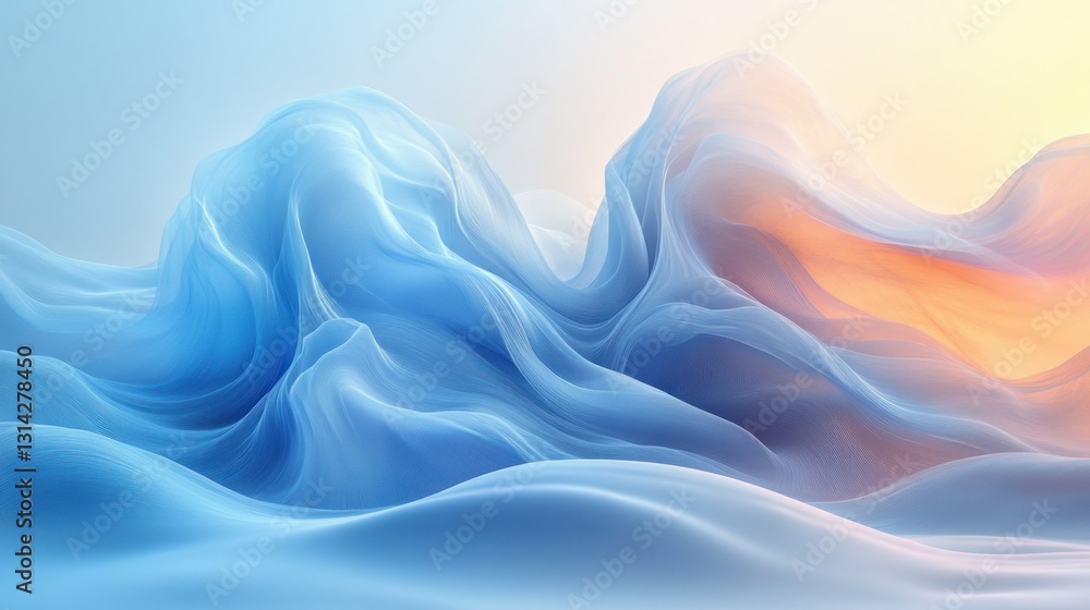 Poster abstract fractal waves in blue and white with ethereal design and smooth gradients