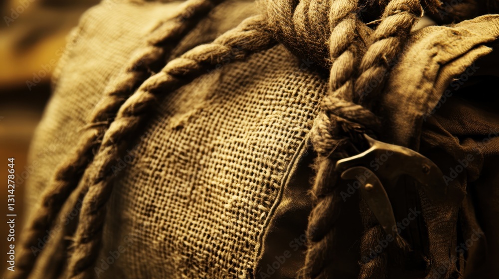 Poster close-up of textured fabric and twisted rope on rustic background in warm tones for design projects