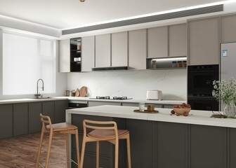 A modern kitchen detail with glossy wood cabinets, stainless steel appliances, and a marble countertop and backsplash, wooden flooring. No brands or logos. 3D illustrations. 3D Rendering