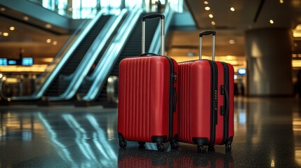 Elegant red suitcases standing in a modern airport terminal ready for travel