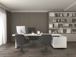 Office interior in modern style with wooden flooring, beautiful decor, wooden book shelf, computer on white ceramic table and armchair. Mockup. 3D Illustration. 3D Rendering