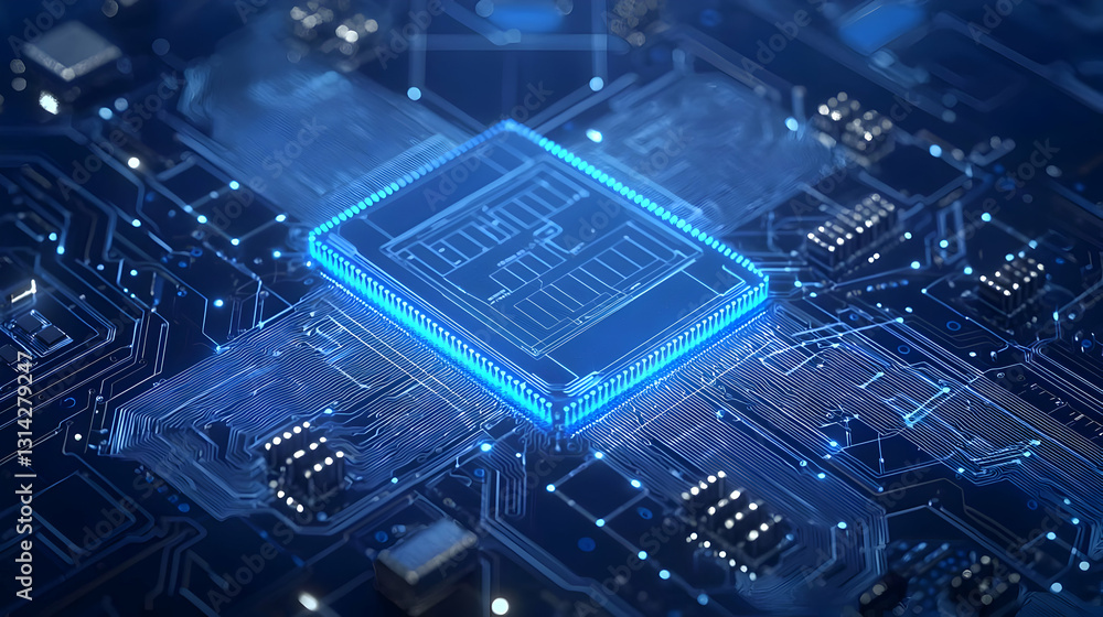 Poster illuminated blue microchip on a complex circuit board for technological advancement