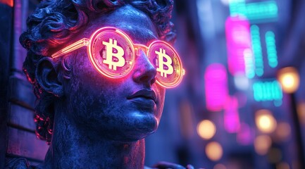 Oliver Bust in Neon Glasses Surrounded by Financial Data in Vaporwave Aesthetic