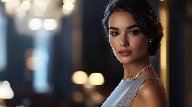 Timeless Beauty: A woman exudes elegance, her gaze direct, hinting at sophistication. Captured in the ambient glow of a chandelier, she is an embodiment of grace.