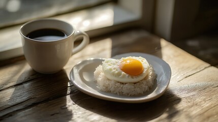 egg on rice, alongside a coffee cup, stands ready on the table, symbolizing the nourishment that sustains not just the body, but the heart as well