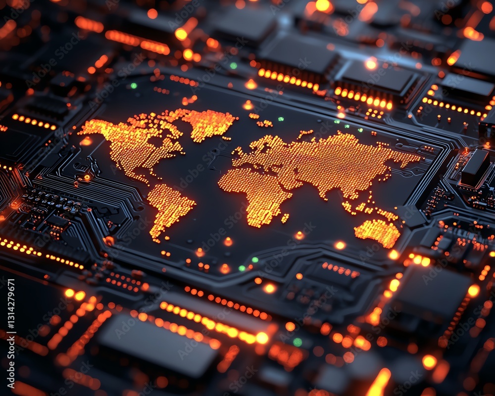 Poster closeup of a hightech processor with an intricate world map integrated into its circuits, representi