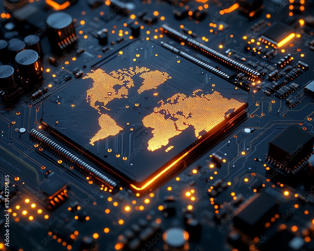 Poster closeup of a hightech processor with an intricate world map integrated into its circuits, representi