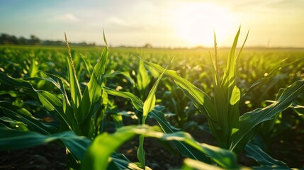 Obraz premium Golden Cornfield at Sunset: A Breathtaking Landscape of Agriculture and Nature's Beauty. Rural Scene of Green Corn Plants Under a Sunny Sky