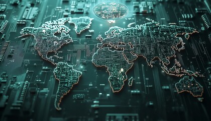 Closeup of a microprocessor with a holographic world map hovering above, representing the global semiconductor industry, ultrarealistic, cyberpunk tones, intricate circuitry