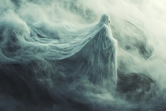 Ghostly figure in a flowing white cloak amidst swirling mist, creating a mysterious atmosphere.