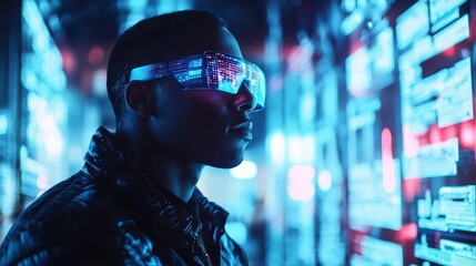 Visionary in Futuristic Goggles: A person stands, engrossed in the digital world through sleek, futuristic goggles, set against a backdrop of glowing interfaces and code.