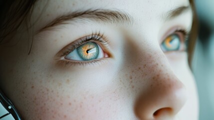 Naklejka premium A close-up of a person's eye reveals a captivating futuristic reflection, blending curiosity and digital intrigue in a soft natural gaze.