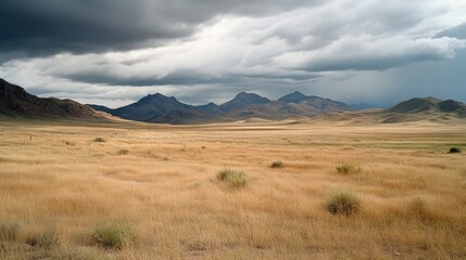 Vast grassy plains stretch under dramatic cloudy skies, while distant mountains add depth and majesty to the breathtaking expanse of untamed nature.